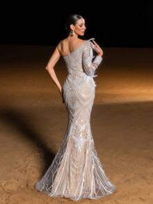 Faeriesty Glamour Luxury One-Shoulder Mermaid Evening Gown With Sequin, Sequins Accents – Geometric Patterns, Slim-Fit Fish-Tail Silhouette For Weddings, Red-Carpet Events, Evening Galas & Luxurious Dinners - Apricot - View 3