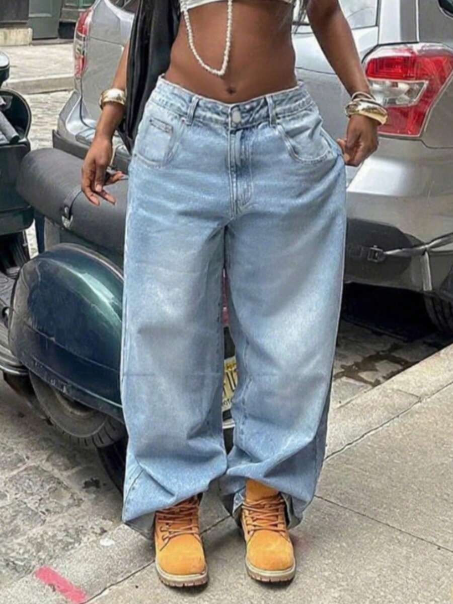 MYOURSA Y2K宽松阔腿牛仔裤，高腰做旧复古街头休闲风，浅蓝色女款 - 淺色水洗藍 - 查看 1