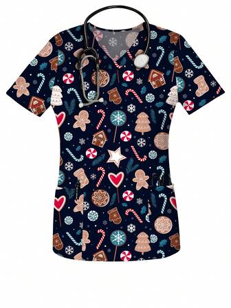 Women's Christmas Gingerbread Print Spring & Summer V-Neck Scrub Short Sleeve Nurse Uniform Tops With Pockets For Women,Fall Clothing Oufits