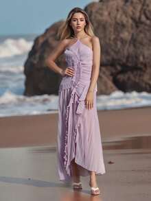 Vestido halter con volantes para mujer, sin mangas, color liso, largo y fluido, vestido de verano de corte A - Morado - Ver 5