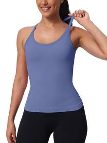 Workout Tank Tops For Women Built In Shelf Bras Padded -Racerback Athletic Tank Tops Ribbed Yoga Shirts - 灰藍色 - 查看 5