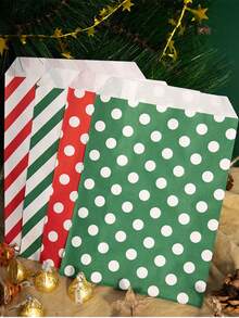 24 Stücke grüne/rote/gepunktete/köperbindige Kraftpapier Taschen + 24 Stücke selbstklebende Verschlüsse im Paket, Weihnachtsgeschenktüten, Weihnachtsparty, Süßigkeitentüten, Verpackungstüten