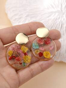 1 对自然主义树脂干花装饰夸张圆形吊坠耳环，适合日常佩戴、度假和礼物，天然干花可能与图片略有不同 - 彩色 - 查看 4