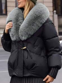2025 New Thick Padded Coat With Fur Collar, Fashionable Padded Short Coat, Slim Fit Winter Outerwear - Black - View 2