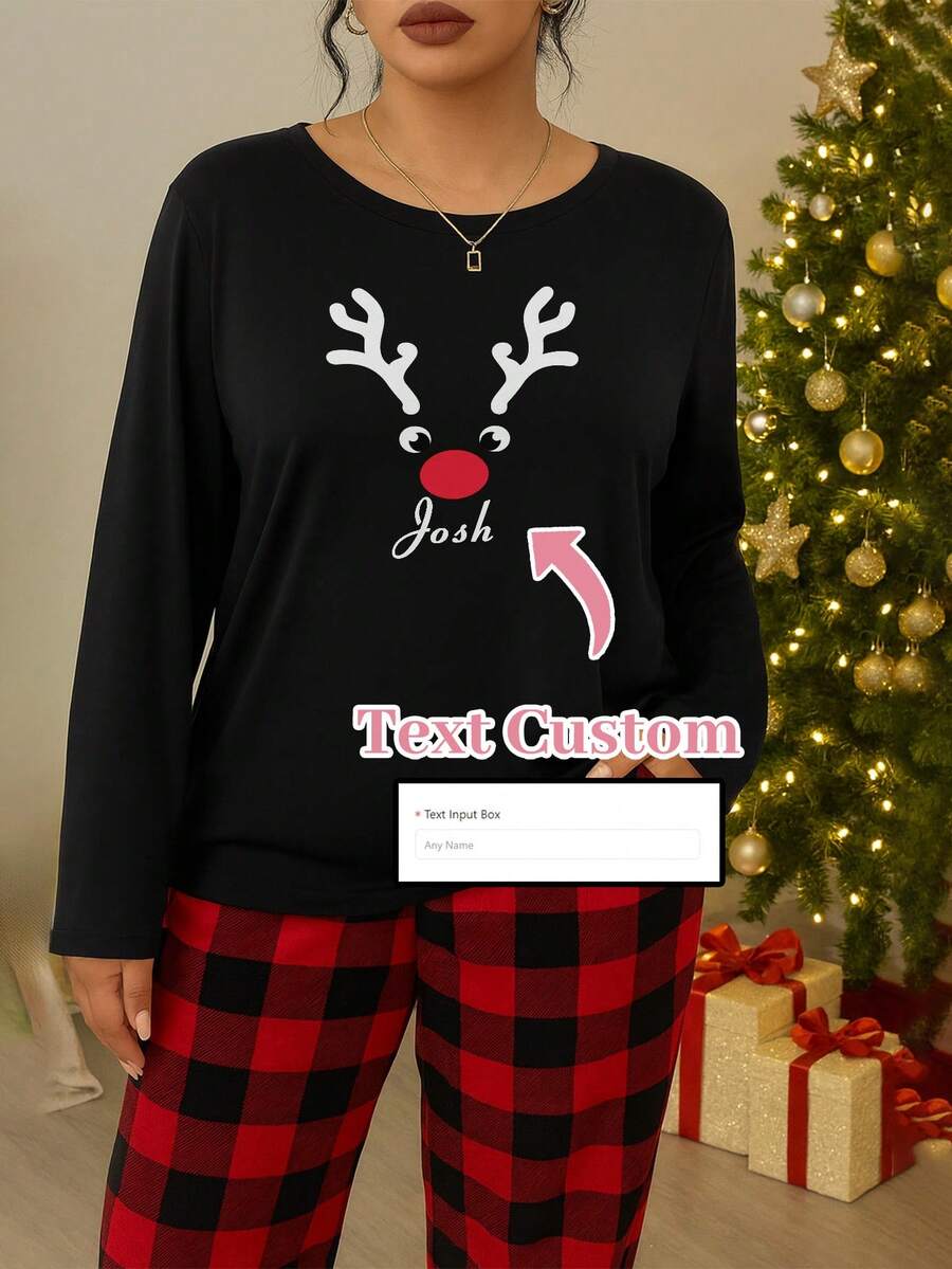 Customizable Name Christmas Reindeer Pattern Women Long Sleeve Pajama Top, Personalized Christmas Gift Sleepwear - Black - View 1