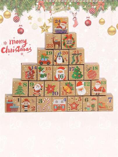 1个/24个装圣诞DIY倒计时日历盒，圣诞24天倒计时惊喜糖果礼盒，卡通圣诞老人牛皮纸礼盒，圣诞树装饰，节日派对圣诞氛围装饰道具，圣诞装饰礼物，婚礼生日派对节日装饰，圣诞装饰，房间装饰，家居装饰，冬季圣诞装饰，家居圣诞礼物，圣诞装饰