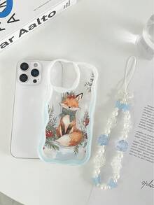 حافظة هاتف مضادة للسقوط مطبوعة بنمط الثعلب الثلجي المموج ذو الحافة المتموجة والملمس الكريمي واللمعان، مع إكسسوار سوار خرزي مصنوع يدويًا