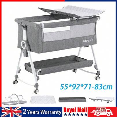 Co-Sleeper Crib, Foldable Baby Bedside Crib, 0–36 Months, Max 15 Kg, 5 Incline & 6 Height Positions, Easy Slide, Comfortable Mattress, Large Basket, Easy To Carry