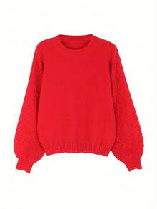 2025 Autumn And Winter Women's Casual Loose Pullover Sweater - Soft Pink Round Neck Long Sleeve Lampshade Design, Suitable For Large Sizes And Comfortable Wear, Hand Wash Only, Cute Style, Everyday Comfortable Clothing, Textured Pattern, High-Quality Yarn Fabric, Solid Color Round Neck Pullover Sweater, Casual Long Sleeve Sweater, Suitable For Autumn And Winter Seasons, Women's Clothing - 酒紅色 - 查看 3
