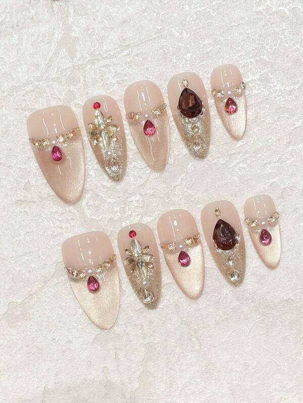 10pcs Party! Almond-Shaped Golden French Cat Eye Rhinestone Embellished Luxury Teardrop Nail Stickers Set, Reusable Handmade Nail Wraps With Jelly Gel Nail File, Suitable For Dates, Parties, And Gatherings