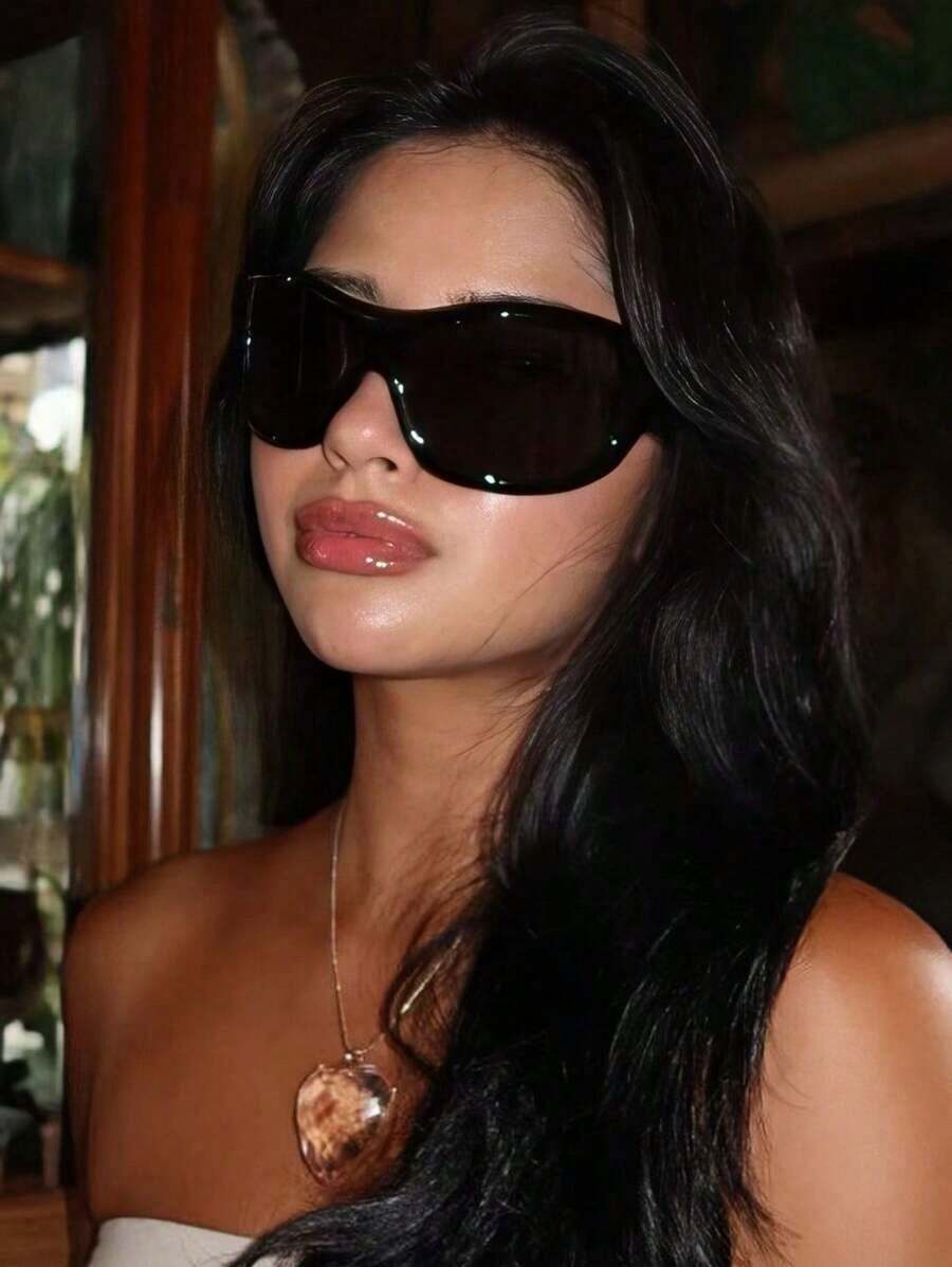 1pc Large Frame Fashion Glasses With A Futuristic Sense Of Technology, Retro Personality, Fashion, And Versatility For Men And Women. Suitable For Daily Wear, Street Photography, Vacation, Tourism, Beach Accessories - màu đen - Xem 1