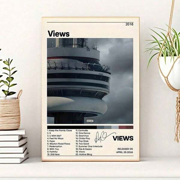 1 pieza Impresión en lienzo del arte del álbum Views de Drake, tema espacial moderno y contemporáneo, orientación vertical sin marco, obra de arte impermeable para decoración de pared en sala de estar, dormitorio, oficina en casa, aula, comedor, arte de pared creativo y único