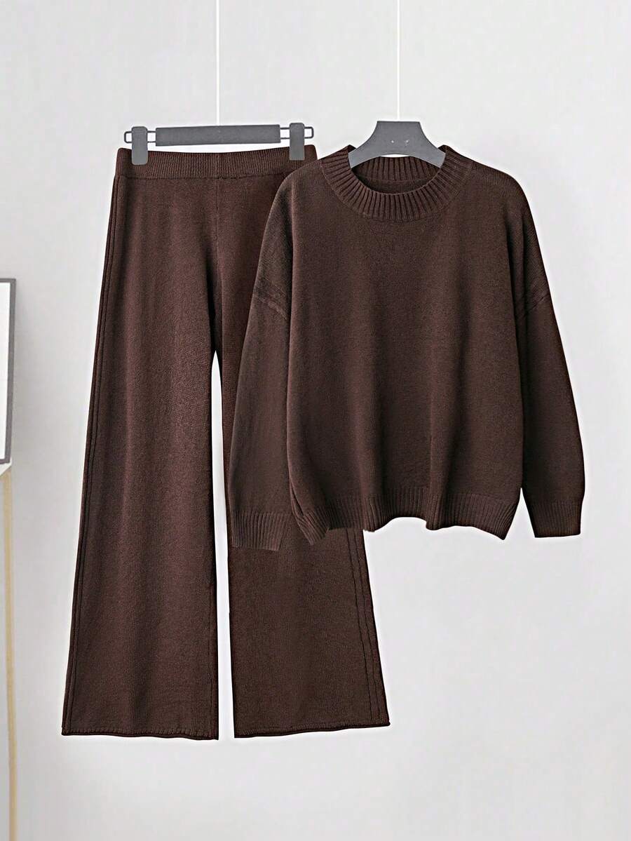 女士时尚针织套装,圆领长袖毛衣和裤子,休闲两件套服装 - 咖啡棕 - 查看 1