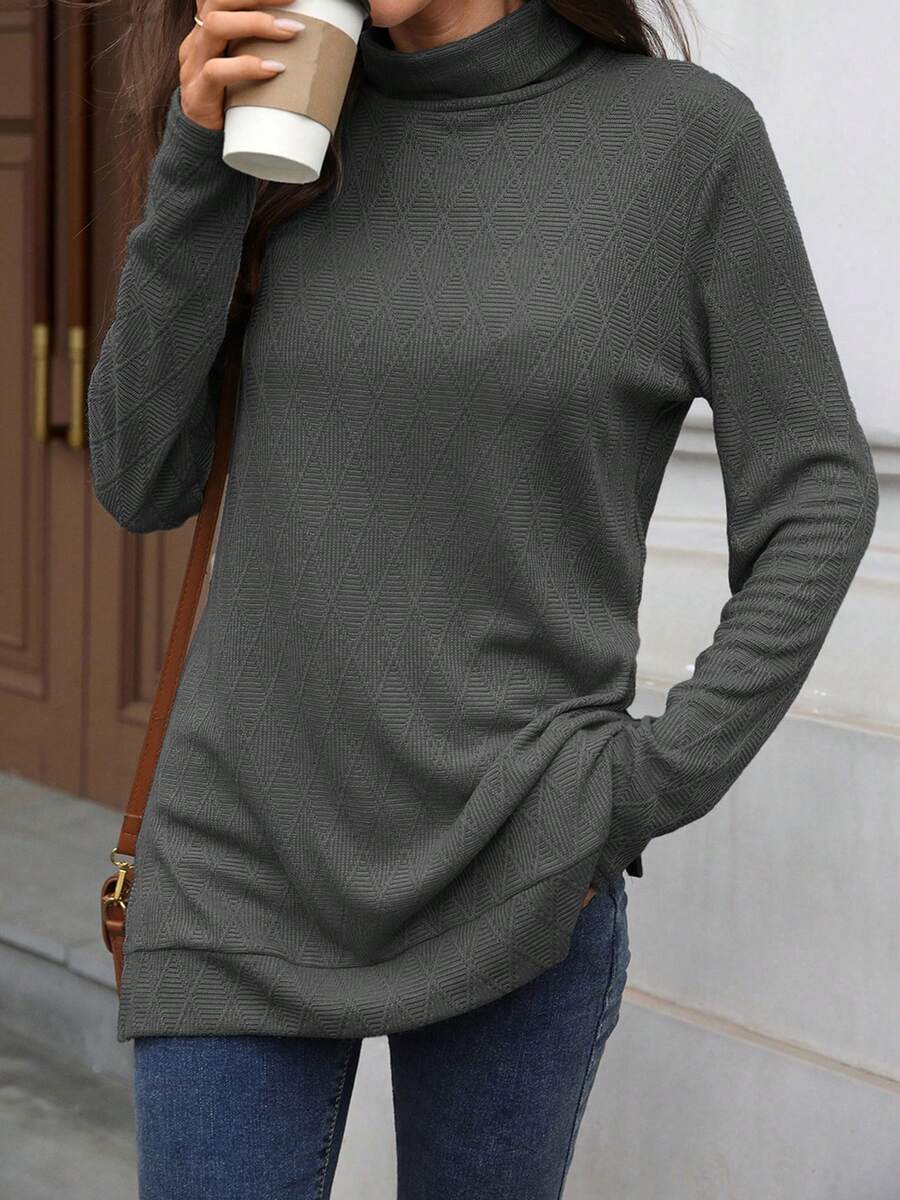 Womens Knit Tops Fall Long Sleeve Turtleneck Solid Color Slit Hem Casual Pullover Sweater - Dark Grey - View 1