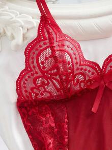 2 chiếc/Bộ đồ ngủ ren khoét sâu gợi cảm cho nữ, thích hợp mặc ở nhà và hẹn hò lãng mạn - Màu Đỏ Sâu - Xem 6