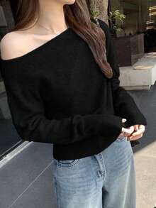 不对称领口 女士不对称领口针织毛衣，秋冬 - 黑色 - 查看 2