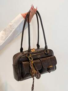 Vintage One Shoulder Bag, Multi-Pocket, Women's Bag, Faux Leather Material, Solid Color Retro, Large Capacity Women's Shoulder Bag, Comes With Pendant (Pendant May Vary Slightly By Batch)