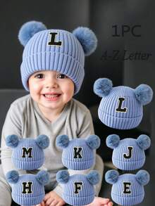 1 pieza Gorro de punto grueso de unicolor con 26 letras para niños pequeños, gorros de calavera cálidos para niños, gorros de punto cálidos para bebés para interiores y exteriores - Azul - Ver 1
