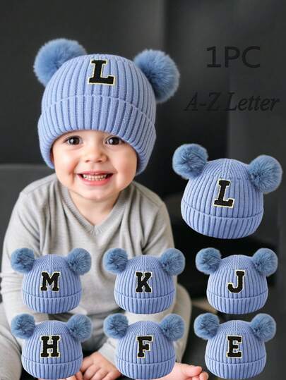 1PC 26 Letter Toddler Solid Color Thicken Knitted Hat Kids Warm Beanie Caps Children Skull Beanie Hats For Boys Indoor Outdoor Warm Knit Hats For Baby