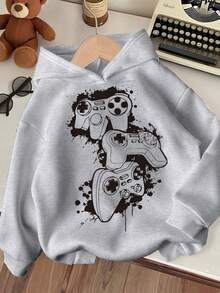Young Boy Video Game Graphic Warm Hoodie - Grey - View 8
