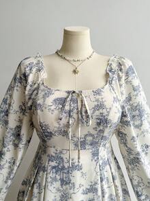 Rusttydustty 女士浪漫法式乡村风格印花长袖连衣裙，收腰设计，适合网络星期一、圣诞节、感恩节和新年等节日派对穿着。