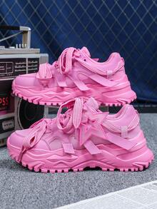 Pink Fashionable Platform Chunky Chunky Sneakers For Men, Wide Laces With Removable Christmas-Themed Pink Star Decorations, Suitable For Commuting, Retro High Street Style - Pink Star Peach - View 3