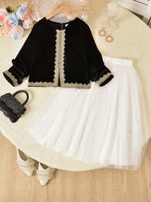 Vihyde Set da 2 pezzi di top a maniche lunghe in velluto nero e oro con fondo svasato e gonna a doppio strato in tulle per ragazze pre-adolescenti