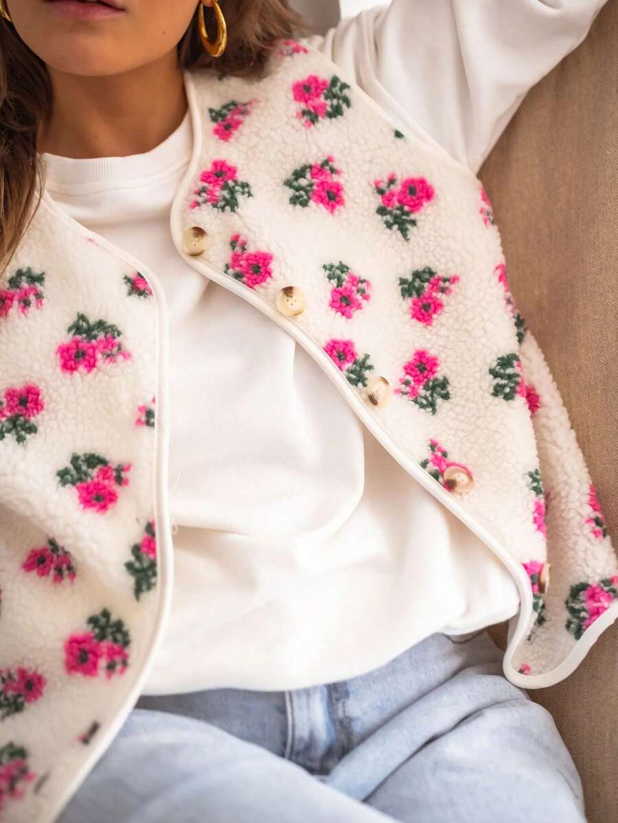 Áo khoác vest nữ thanh lịch, in họa tiết hoa, chất liệu lông cừu Sherpa, cài nút, màu trắng, thích hợp cho công sở.