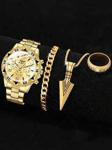 男士4件套金色合金表带套装 - 时尚商务经典三眼数字刻度石英表，含手链、戒指、项链，适合日常穿搭或节日礼物 - 金色 - 查看 6