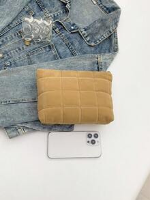 Sac cosmétique matelassé à carreaux polyvalent et , embrayage décontracté en suède velours mat, petit sac rembourré de duvet chaud, accessoires de voyage automne/hiver pour les vacances. Sac de maquillage, organisateur de maquillage, sac de voyage pour femmes