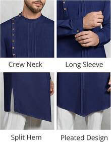 Mens Long Sleeve Robe Gown Casual Cotton Linen Button Muslim Shirt - 海軍 - 查看 5