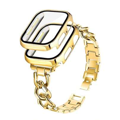 1 件金色空心链手链腕带金属表带和金色保护壳，带屏幕保护膜，适用于 Ultra 3/2/1、SE、S10-S1、38mm/40mm/41mm/42mm/44mm/45mm/46mm/49mm，适合男士和女士，优雅的礼物