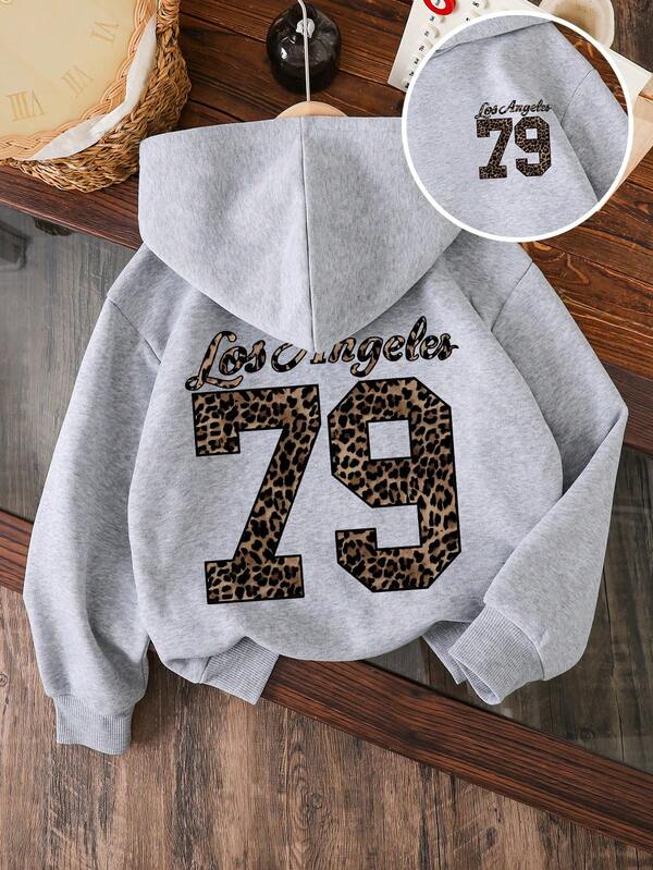 Sudadera con capucha cálida con estampado de leopardo y patrón numérico para niña