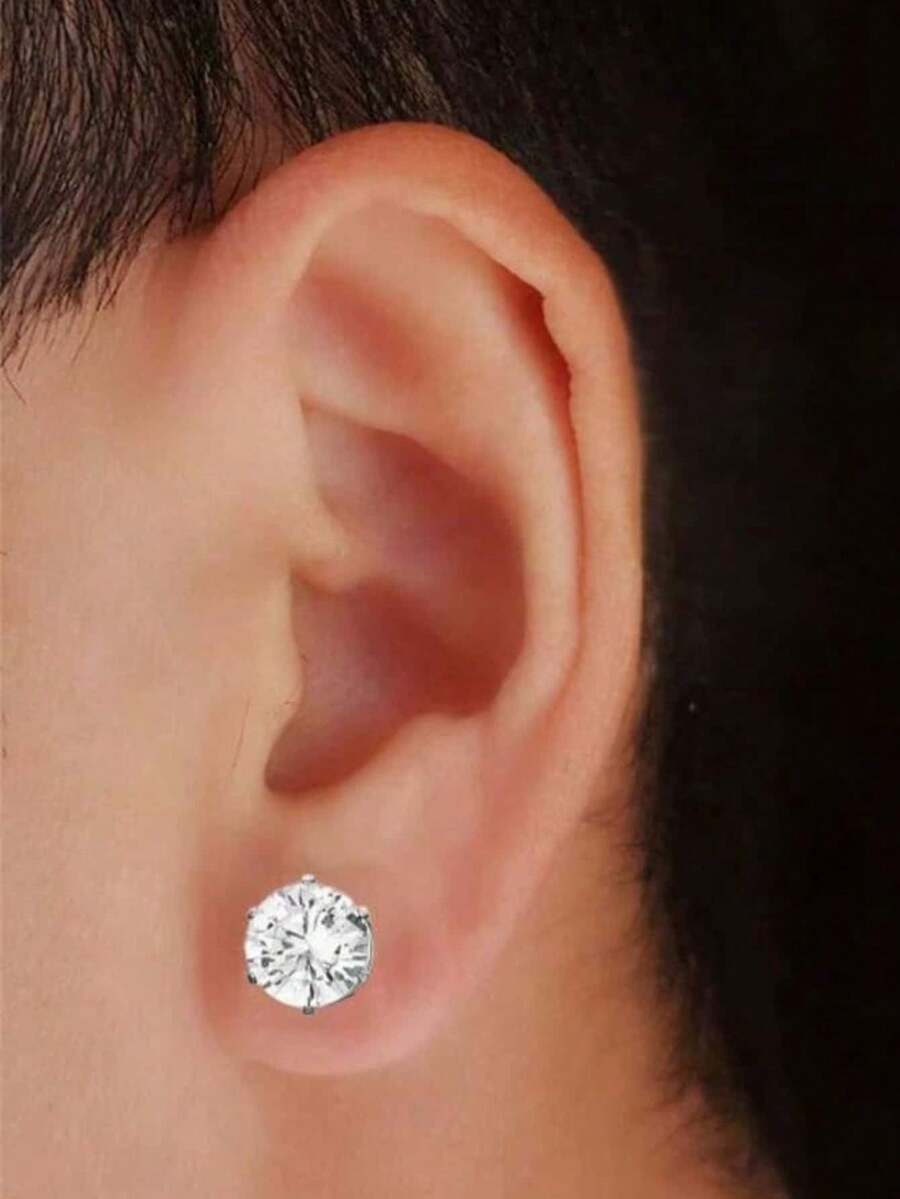 2 件简约 6 爪锆石耳环，不锈钢镶嵌珠宝，夹式耳环，适合男女日常佩戴 - 銀色 - 查看 1