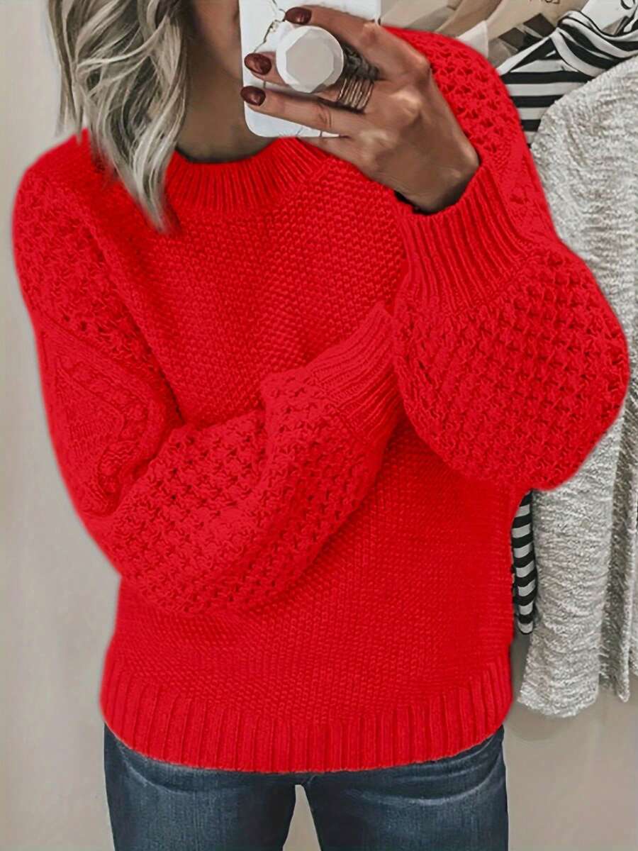 2025 Autumn And Winter Women's Casual Loose Pullover Sweater - Soft Pink Round Neck Long Sleeve Lampshade Design, Suitable For Large Sizes And Comfortable Wear, Hand Wash Only, Cute Style, Everyday Comfortable Clothing, Textured Pattern, High-Quality Yarn Fabric, Solid Color Round Neck Pullover Sweater, Casual Long Sleeve Sweater, Suitable For Autumn And Winter Seasons, Women's Clothing - 紅色 - 查看 1