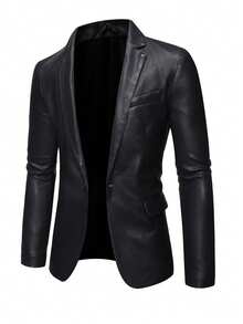 1pc Men's Casual Business Black Leather Single-Breasted Blazer, Fall/Winter