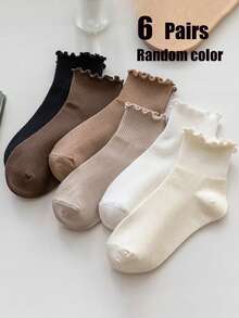 5/6 Pairs Random Ruffle Trim Solid Color Women Casual Ankle Socks, Soft & Comfortable, Suitable For Daily, Outdoor, Sports Wear In All Seasons, Random Colors