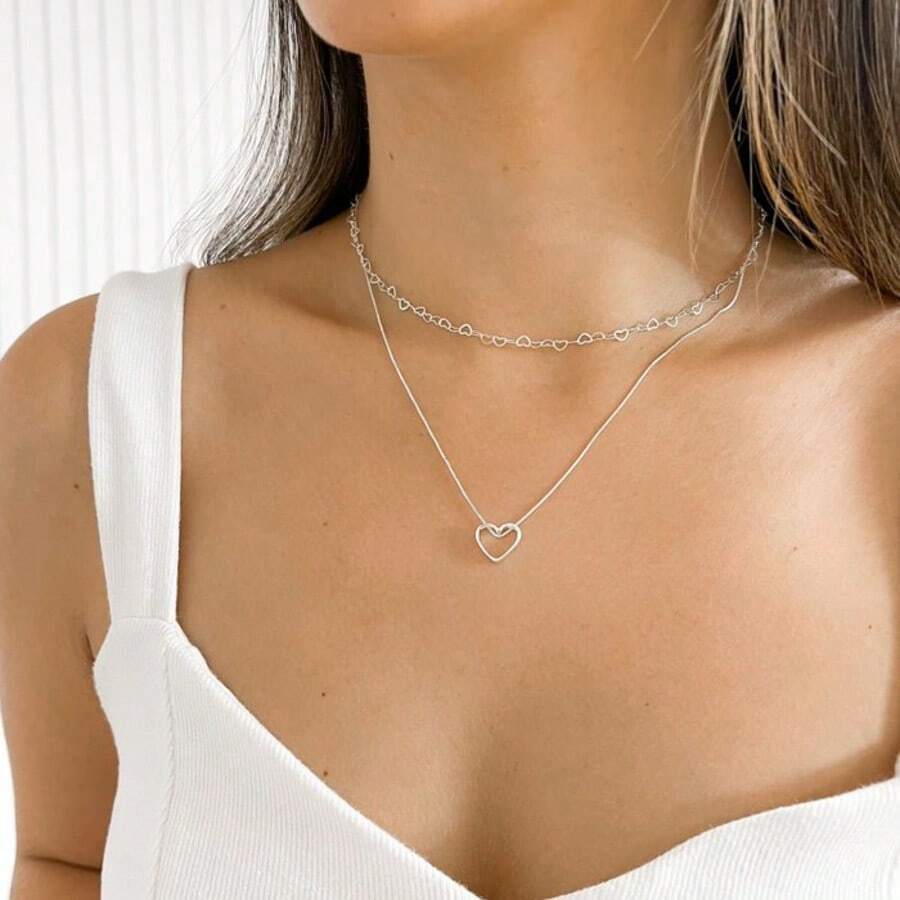 Elegant Hollow Heart Pendant Necklace Hollow Heart Choker Necklace For Women - Bạc - Xem 1