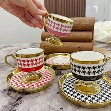 1 Set Ceramic Checkered Gold-Rimmed Vintage Coffee Cup & Saucer, Elegant For Women And Men, Suitable For Turkish/Arabic Espresso, Breakfast, Tea Party, Afternoon Tea, Home, Garden, Restaurant - Applicable For Summer, Autumn, Winter Beverages - Recommended Halloween, Christmas Gift