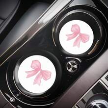1 Set Of 2 Pink Bow Patterned Car Cup Holder Pads, Universal Compatible, Made Of Natural Rubber Anti Slip Polyester Back, Absorbent Knitted Fabric, Cute Cartoon Storage Pad, Used For Vehicle Interior Size 2.8 Inches, Washable, Single Weight 8 Grams