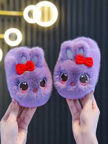 可爱卡通蝴蝶结兔子2025秋冬新款儿童保暖毛绒拖鞋时尚舒适软底家居拖鞋 - 紫色 - 查看 3