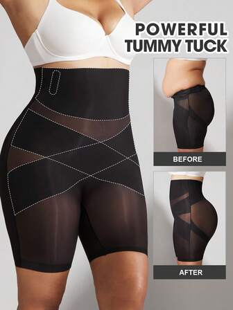 1pc Women Plus Size High Waist Criss-Cross Seamless Smooth Bare Sensation Ice Silk Fabric Tummy Control Butt Lifting Shapewear Bottoms, Summer