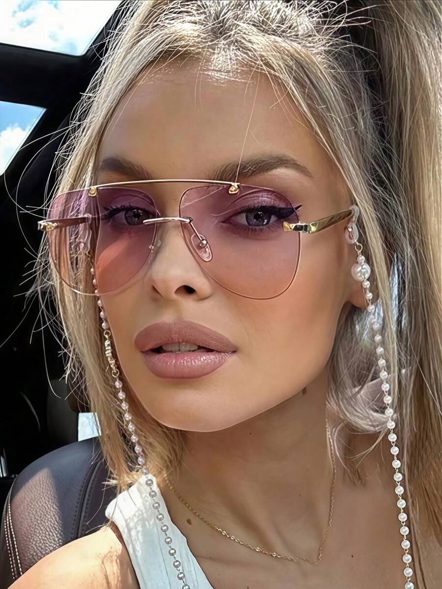 1 Pair Metal Double-Beam Glasses, Toad Eye Glasses, Frameless Personalized Fashion Glasses, Versatile Elegant Casual Women's Glasses, Suitable For Daily Wear, Street Photography, Vacation Travel, Summer Beach And Other Occasions, Women's Accessories - màu tím cam - Xem 1