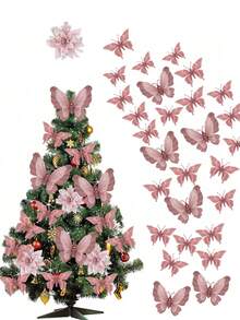 2 pièces Ornements de papillon de sapin de Noël pailletés, décorations de Noël en tissu rose en forme de papillon, papillons 3D creux simulés avec pinces, décoration murale de papillon pastel de Noël pour sapin de Noël, couronne, accessoire pour cheveux, décorations suspendues pour sapin de Noël, décoration de guirlande, convient pour mariage, fête, artisanat DIY, décoration de la maison, accessoires de photographie