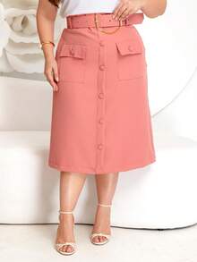 Elegant Tailored Evangelical Midi Skirt With Belt, Pocket And Buttons - Rusty Rose - View 3