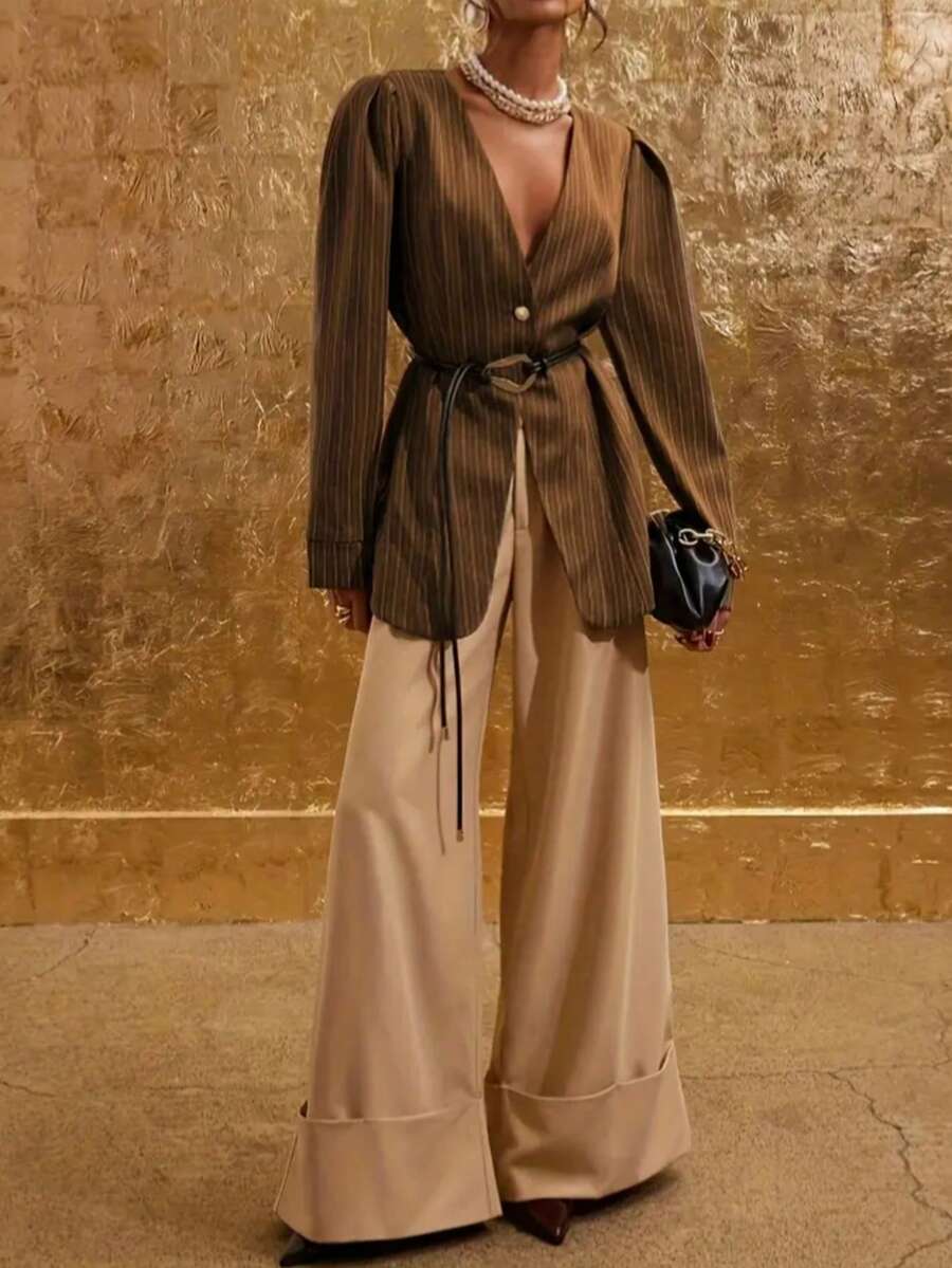 女式条纹泡泡长袖休闲夹克，秋季 - 咖啡棕 - 查看 1