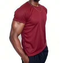 Men's Dry Fit T-Shirt Short Sleeve Running Gym Workout Anti-Sweat Top - Burgundy - View 1