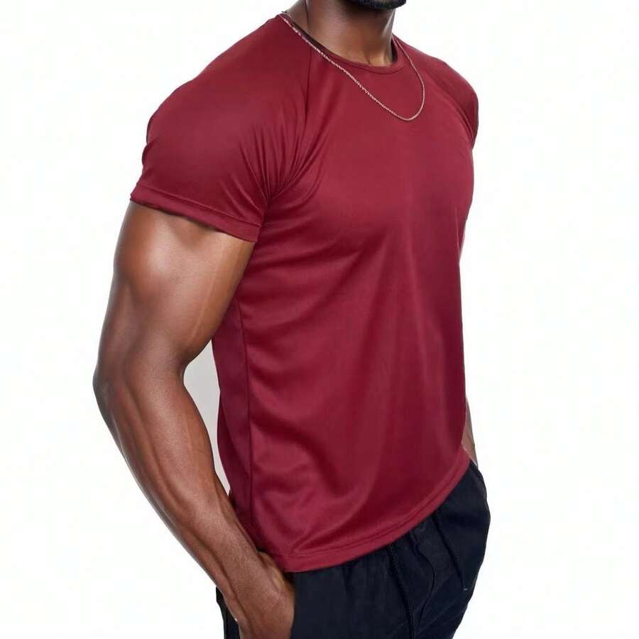 Men's Dry Fit T-Shirt Short Sleeve Running Gym Workout Anti-Sweat Top - Burgundy - View 1