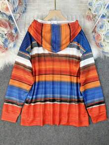 1pc Plus Size Casual Loose Stretchy Pullover Hoodie Sweatshirt, Women Striped Print Hooded Sweatshirt With Pockets & Drawstring, Autumn/Winter