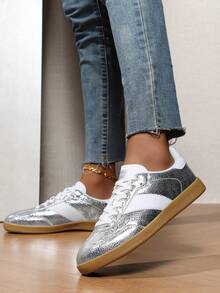 2025 New Silver Women's Sneakers - Retro Lace-Up Derby Casual Sneakers, Comfortable For Daily Wear And Party Occasions - Silver - View 4